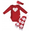 Red Baby Jumpsuit Baseball Heart Print & Red Headband Red White Dots Silk Bow & White Ruffles Baseball Red Leg Warmer Set TH561